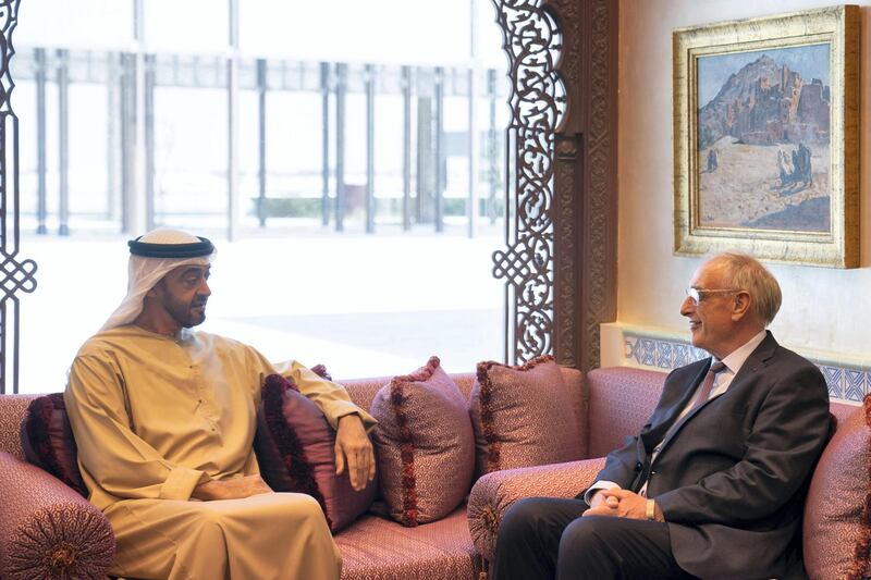 ABU DHABI, UNITED ARAB EMIRATES - February 16, 2020: HH Sheikh Mohamed bin Zayed Al Nahyan, Crown Prince of Abu Dhabi and Deputy Supreme Commander of the UAE Armed Forces (L) meets with Herve Guillou, Chairman and CEO of Naval Group (R), at the Sea Palace.

( Hamad Al Kaabi / Ministry of Presidential Affairs )​
---