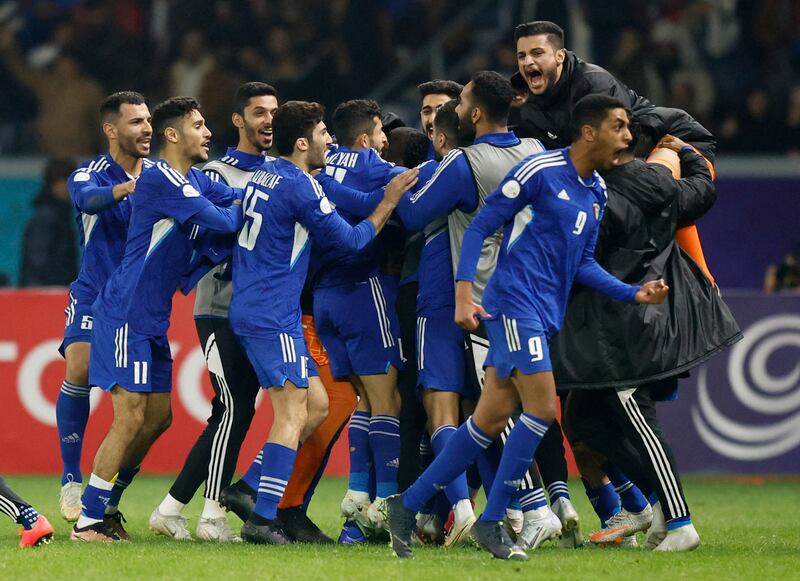 Kuwait's Ahmed Al Dhefiri celebrates scoring in second-half injury time to win the match against UAE. Reuters