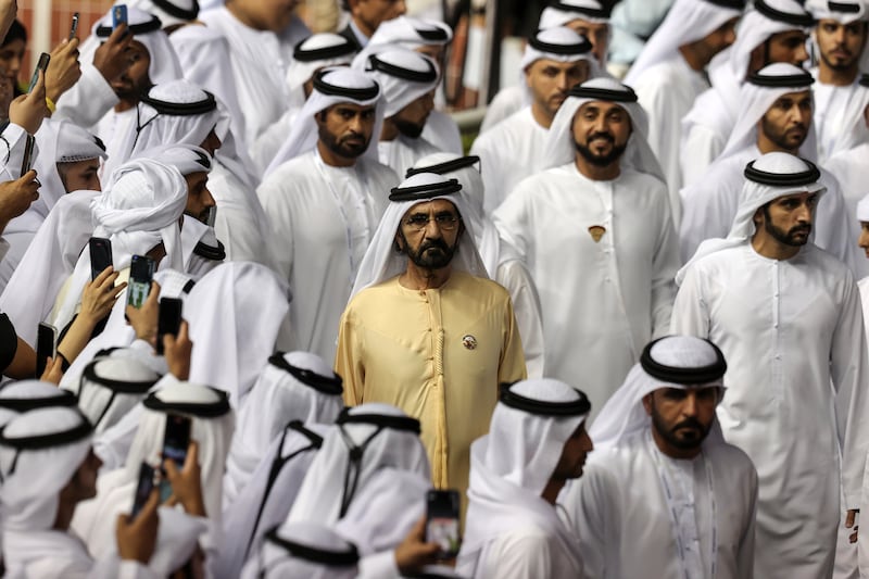 Sheikh Mohammed watches the Dubai World Cup at the Meydan Racecourse on March 26, 2022. Getty Images