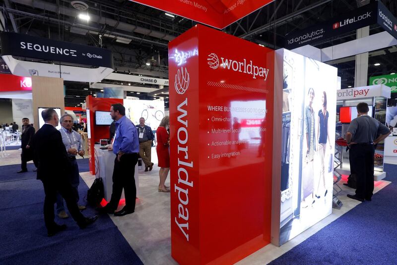 FILE PHOTO: A Worldpay booth is shown on the exhibit hall floor during the Money 20/20 conference in Las Vegas, Nevada, U.S. on October 24, 2017. REUTERS/Steve Marcus/File Photo