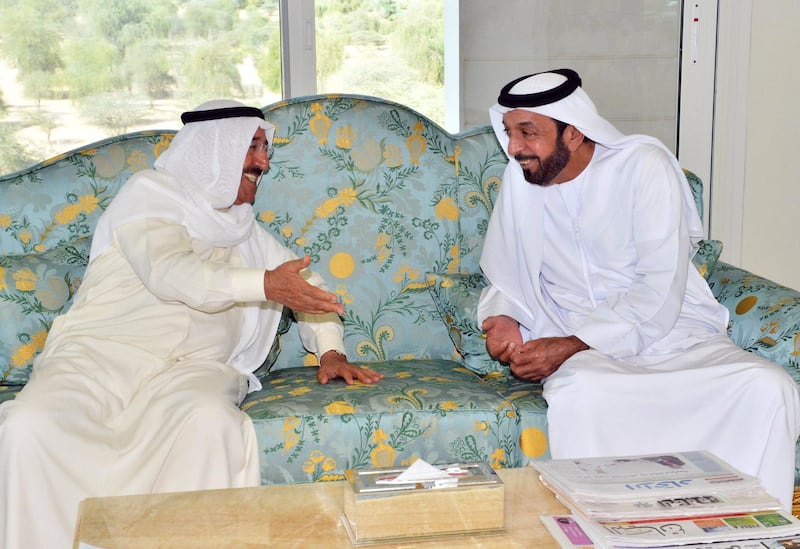 A picture provided by the official Emirates news agency WAM shows President Sheikh Khalifa bin Zayed al-Nahayan (R) meets with Kuwaiti Emir Sheikh Sabah al-Ahmad al-Sabah in the city of Al-Ain, east of the capital Abu Dhabi on October 3, 2012. AFP PHOTO/HO/WAM 
+++ RESTRICTED TO EDITORIAL USE - MANDATORY CREDIT "AFP PHOTO / HO / WAM" - RESTRICTED TO EDITORIAL USE - MANDATORY CREDIT "AFP PHOTO / HO / WAM" - NO MARKETING NO ADVERTISING CAMPAIGNS - DISTRIBUTED AS A SERVICE TO CLIENTS +++ (Photo by - / WAM / AFP)