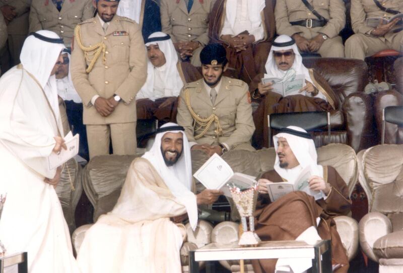 Sheikh Zayed, King Khalid bin Abdulaziz of Saudi Arabia, Crown Prince Fahd bin Abdulaziz of Saudi Arabia and Sheikh Mohamed during annual Saudi military manoeuvres in Abha, south-west Saudi Arabia, on June 27, 1979. Photo: National Archives