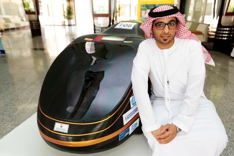 Abdulaziz Al Mheiri, team leader of the Ruwais Men’s College, after receiving recognition for placing third in the Shell Asia Eco-marathon challenge held earlier this year in the Philippines. Christopher Pike / The National