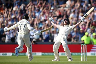 LEEDS, ENGLAND - AUGUST 25: Ben Stokes of England celebrates with Jack Leach after hitting the winning runs to win the 3rd Specsavers Ashes Test match between England and Australia at Headingley on August 25, 2019 in Leeds, England. (Photo by Gareth Copley/Getty Images)