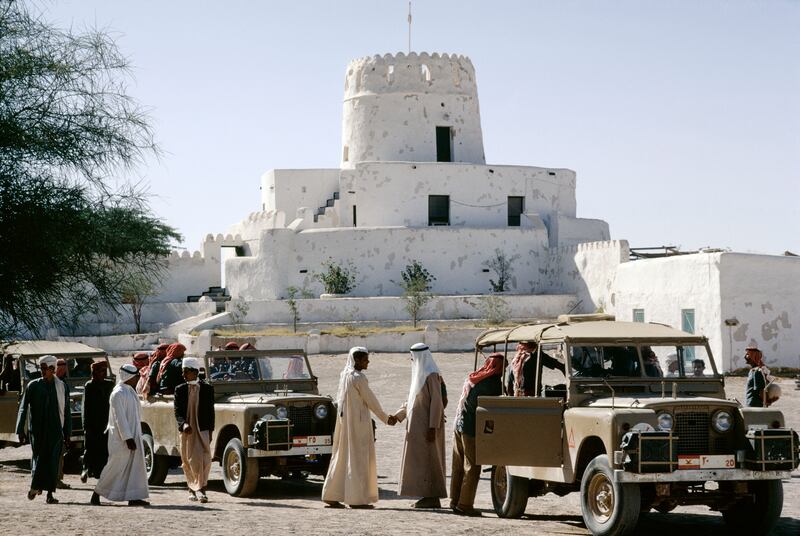 A convoy of military Land Rovers with soldiers and dignitaries outside Al Jahili Fort in Al Ain, the headquarters of the Trucial Oman Scouts, shortly before the formation of the UAE on December 2, 1971. Bruno Barbey / Magnum Photos / arabianEye.com