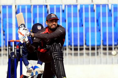 Sharjah, December, 08 2019: Rohan Mustafa of UAE in action against USA during the ICC Men's Cricket World Cup League 2 match at the Sharjah Cricket Stadium in Sharjah . Satish Kumar/ For the National / Story by Paul Radley