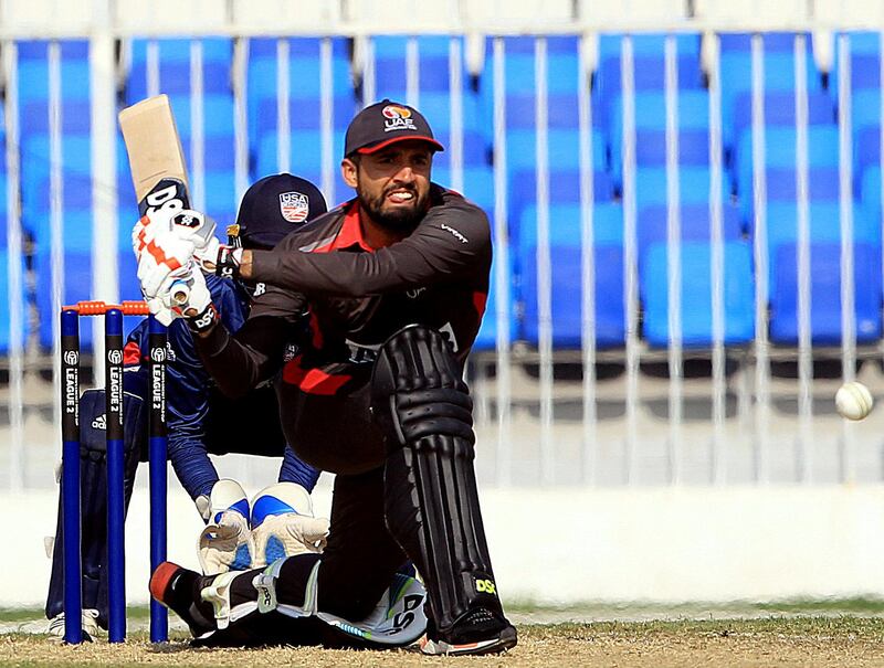 Sharjah, December, 08 2019: Rohan Mustafa of UAE in action against USA during the ICC Men's Cricket World Cup League 2 match at the Sharjah Cricket Stadium in Sharjah . Satish Kumar/ For the National / Story by Paul Radley