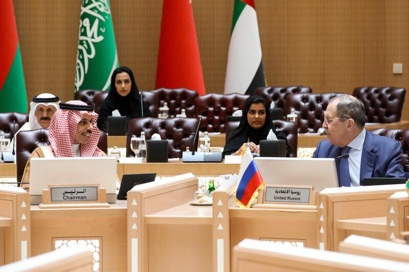 Mr Lavrov, right, and his Saudi counterpart Prince Faisal bin Farhan Al Saud during the meeting. AFP