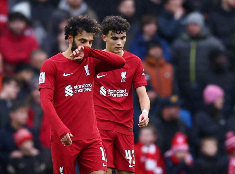 Liverpool's Mohamed Salah looks dejected after Lewis Dunk's goal. Reuters