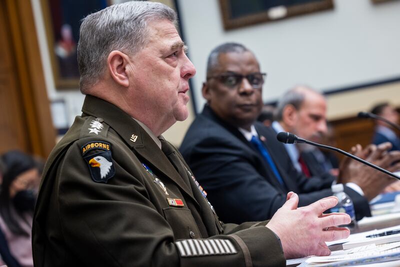 Chairman of the Joint Chiefs Gen Mark Milley and US Secretary of Defence Lloyd Austin testify before the House Committee on Armed Services in Washington on Tuesday. EPA