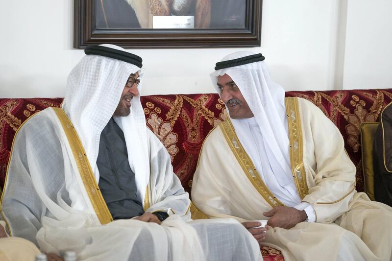 ABU DHABI, UNITED ARAB EMIRATES - January 21, 2018: HH Sheikh Mohamed bin Zayed Al Nahyan Crown Prince of Abu Dhabi Deputy Supreme Commander of the UAE Armed Forces (L) and HH Sheikh Hamad bin Mohamed Al Sharqi, UAE Supreme Council Member and Ruler of Fujairah (R), attend a mass wedding reception for HH Sheikh Mubarak bin Hamdan bin Mubarak Al Nahyan (not shown), HH Sheikh Mohamed bin Ahmed bin Hamdan Al Nahyan (not shown) and other grooms, at Majlis Al Bateen.

( Mohamed Al Hammadi / Crown Prince Court - Abu Dhabi )
---