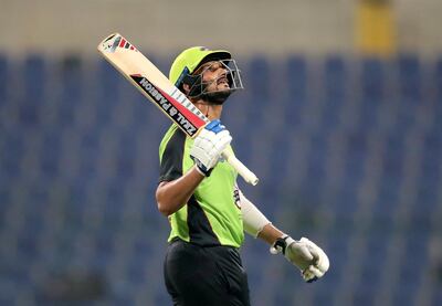Abu Dhabi, United Arab Emirates - October 04, 2018: Lahore's Sohail Akhtar makes 50 in the game between Lahore Qalandars and Yorkshire in the Abu Dhabi T20 competition. Thursday, October 4th, 2018 at Zayed Cricket Stadium, Abu Dhabi. Chris Whiteoak / The National