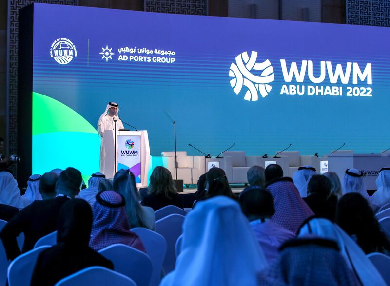 The UAE Minister of State for Foreign Trade Dr Thani Al Zeyoudi gives a keynote speech at the start of the WUWM conference in Abu Dhabi. Victor Besa / The National