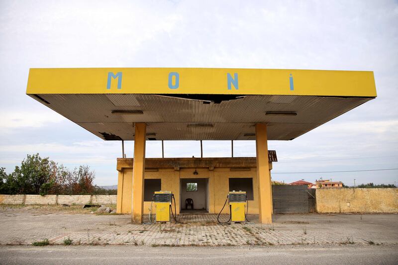 An abandoned petrol station near the village of Luz near Kavaje, Albania shows .