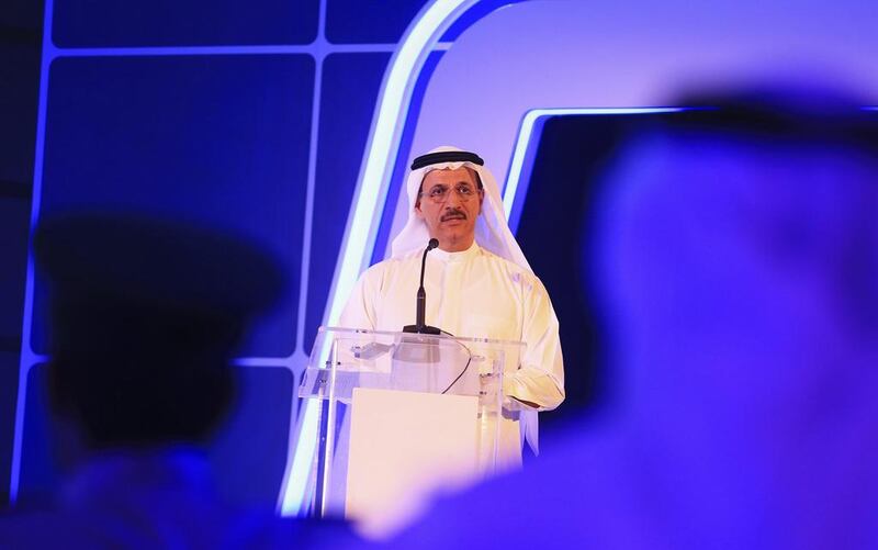 Sultan Al Mansouri, Minister of Economy, speaks at a meeting of the General Civil Aviation Authority in Dubai on Thursday. Sarah Dea / The National