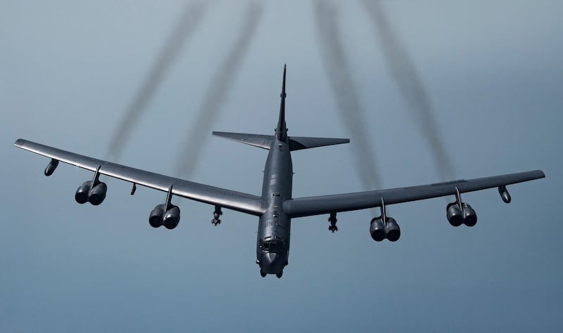 FILE - In this May 21, 2019 photo provided by the U.S. Air Force, a U.S. B-52H Stratofortress, prepares to fly over Southwest Asia.  Two American bomber aircraft have flown over a swath of the Middle East, sending what U.S. officials say is a message of deterrence to Iran. The flight of the two massive B-52H Stratofortress bombers over the region on Thursday was the second such mission in less than a month. It was designed to underscore Americaâ€™s continuing commitment to the Middle East even as President Donald Trump's administration withdraws thousands of troops from Iraq and Afghanistan.  (Senior Airman Keifer Bowes/U.S. Air Force via AP)