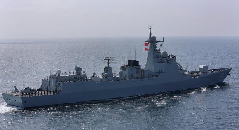 A warship of China takes part in the â€œAmanâ€ or peace exercise in the Arabian Sea, off Karachi, Pakistan, Monday, Feb. 15, 2021. Warships over 40 countries including the United States, Russia, Britain and China are participating a five-day multinational exercise hosted by Pakistan Navy in the Arabian Sea as part of Islamabad's years-long effort to bring security to the area, Pakistan navy said. (AP Photo/Mohammad Farooq)