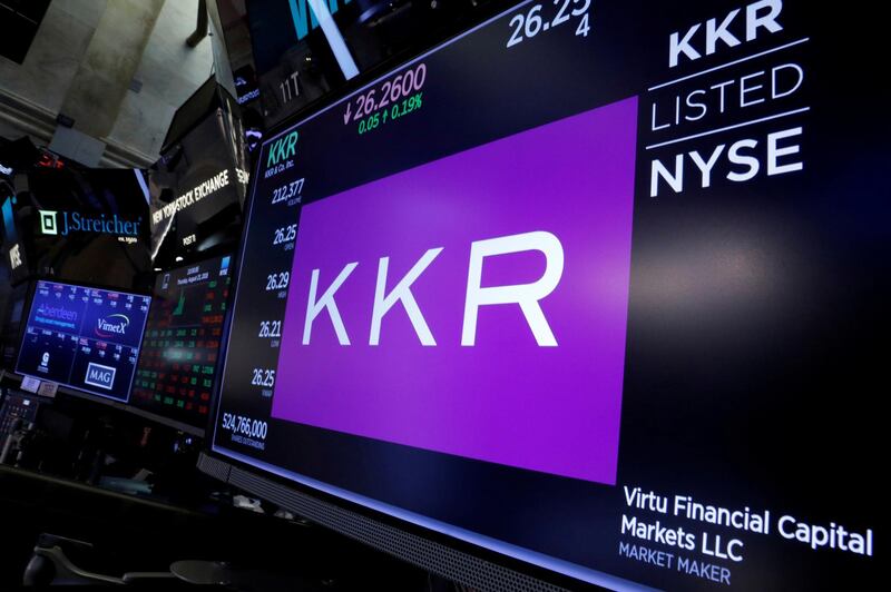 FILE PHOTO: The KKR & Co name is displayed on a screen on the floor of the New York Stock Exchange (NYSE) in New York, U.S., August 23, 2018. REUTERS/Brendan McDermid/File Photo