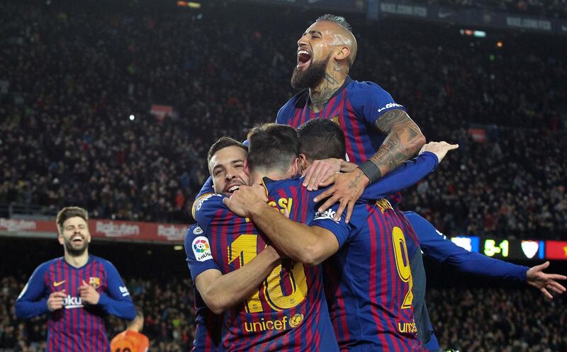 Barcelona players celebrate the sixth goal. EPA