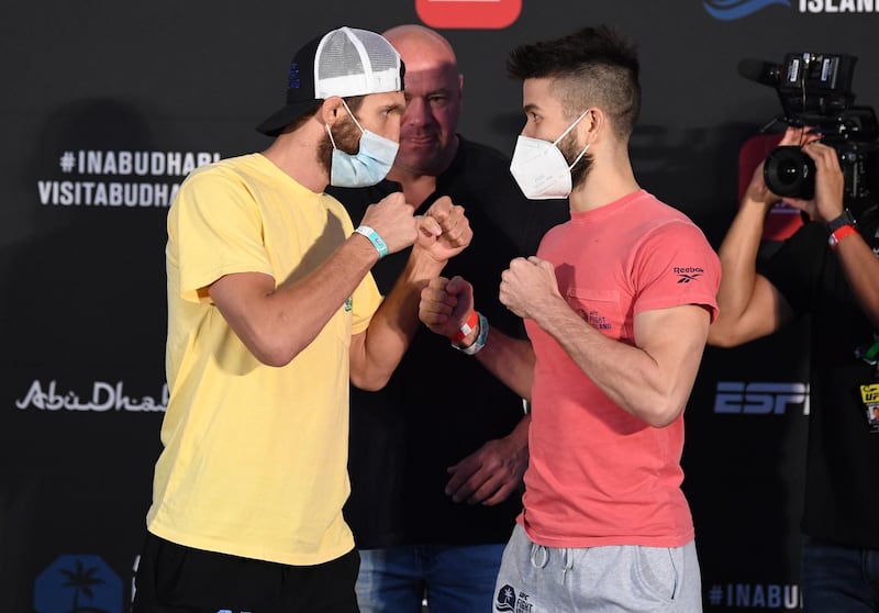 ABU DHABI, UNITED ARAB EMIRATES - OCTOBER 16: (L-R) Opponents Said Nurmagomedov of Russia and Mark Striegl of Japan face off during the UFC Fight Night weigh-in on October 16, 2020 on UFC Fight Island, Abu Dhabi, United Arab Emirates. (Photo by Josh Hedges/Zuffa LLC)