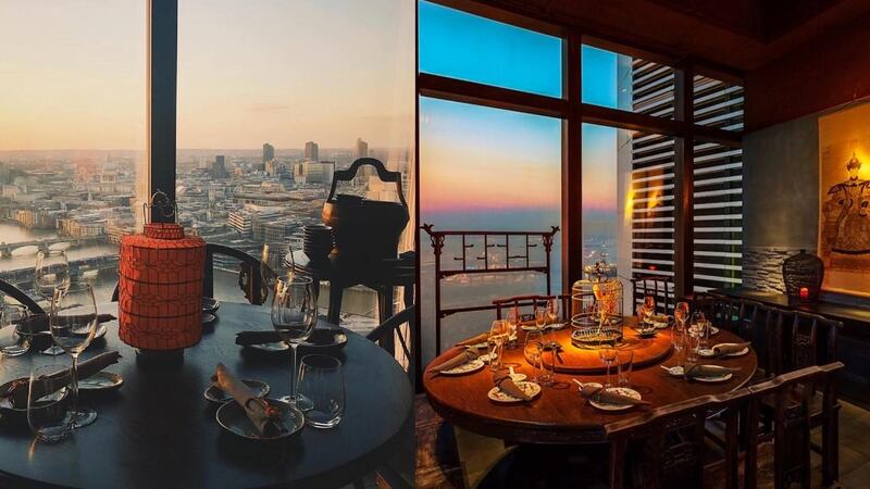 The view from Hutong in London, left, and Hong Kong, right. 