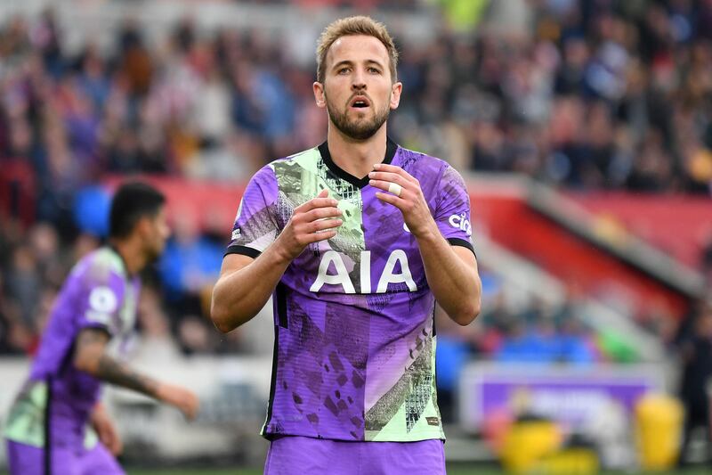 Harry Kane reacts to missing a goalscoring chance during Tottenham's goalless Premier League draw against Brentford. AFP