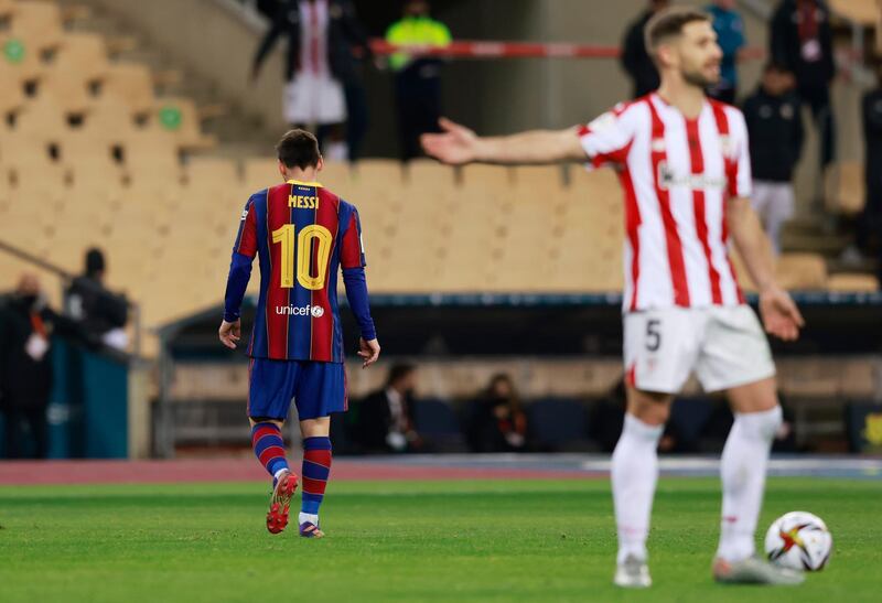 Barcelona's Lionel Messi walks off the pitch after being sent off against Athletic Bilbao at the Estadio La Cartuja de Sevilla. Reuters