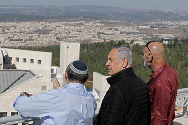Israeli Prime Minister Benjamin Netanyahu, center, meets with heads of Israeli settlement authorities at the Alon Shvut settlement, in the Gush Etzion block of the occupied the West Bank. AP