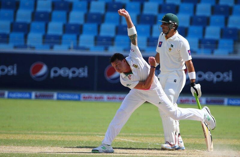 Dale Steyn caught Shan Masood leg before wicket before Pakistan had even scored a run in their second innings today. Marwan Naamani / AFP