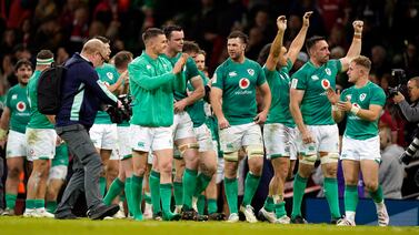 Ireland players celebrate their Six Nations win against Wales in Cardiff on February 4, 2023. EPA