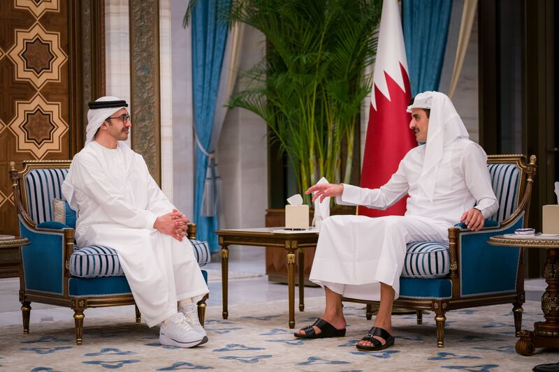 Sheikh Abdullah bin Zayed, Minister of Foreign Affairs, with Qatar's Emir Sheikh Tamim on Sunday. All photos: Wam