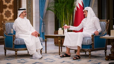 Sheikh Abdullah bin Zayed with the Emir of Qatar, Sheikh Tamim, in Doha on Sunday. Wam