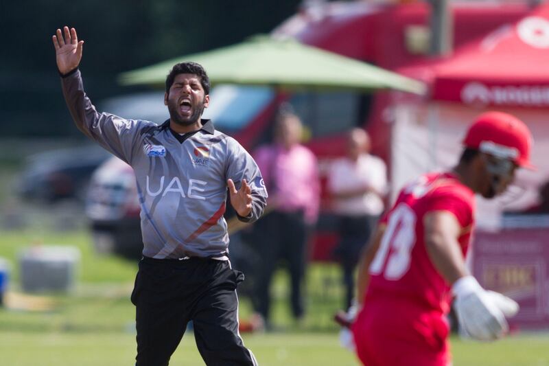 KING CITY, CANADA : August 6, 2013 UAE bowler Muhammad Naveed  appeals unsuccessfully  for  Canada's Hiral Patels'  wicket  during the one day international  at the Maple Leaf Cricket club in King City, Ontario, Canada ( Chris Young/ The National). For Sports *** Local Caption ***  chy208.jpg