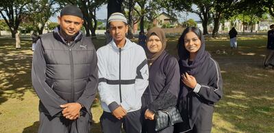 From left Mohammed Khan, Arshaq Wahab, Ashiana Khan, and Maaisah Asim from Auckland at Hagley Park Friday prayers today. Steve Addison for The National