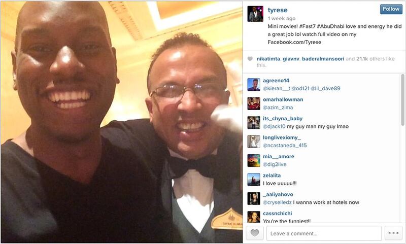 Tyrese Gibson, instagram posting, with the butler for his room.  For a story by Alex Ritman, A&L cover, April 23, 2014.