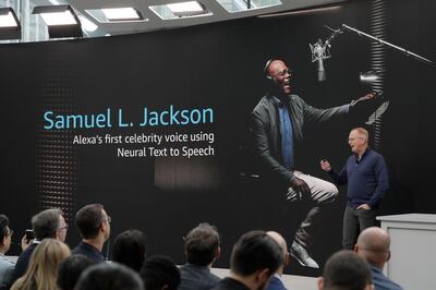 Dave Limp, senior vice president for Amazon devices & services, talks about new celebrity voices, including actor Samuel L. Jackson, that will be made available on the tech company's Alexa devices, Wednesday, Sept. 25, 2019, during an event in Seattle. (AP Photo/Ted S. Warren)