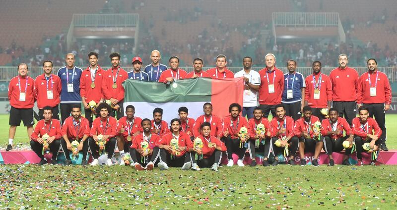 <p>UAE celebrate their 4-3 penalty shoot-out win over Vietnam to win the bronze medal match at the 2018 Asian Games. Courtesy UAE FA</p>

