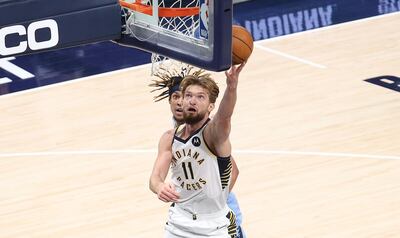 INDIANAPOLIS, INDIANA - FEBRUARY 02: Domantas Sabonis #11 of the Indiana Pacers shoots the ball against the Memphis Grizzlies at Bankers Life Fieldhouse on February 02, 2021 in Indianapolis, Indiana. NOTE TO USER: User expressly acknowledges and agrees that, by downloading and or using this photograph, User is consenting to the terms and conditions of the Getty Images License Agreement.   Andy Lyons/Getty Images/AFP
== FOR NEWSPAPERS, INTERNET, TELCOS & TELEVISION USE ONLY ==

