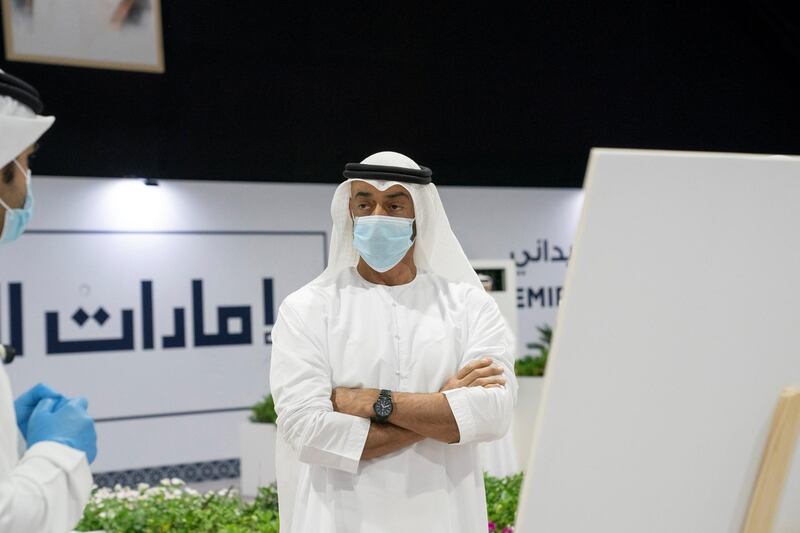 ABU DHABI, UNITED ARAB EMIRATES - May 18, 2020: HH Sheikh Mohamed bin Zayed Al Nahyan, Crown Prince of Abu Dhabi and Deputy Supreme Commander of the UAE Armed Forces (C) visits Emirates Field Hospital, at Emirates Humanitarian City. 

( Mohamed Al Hammadi / Ministry of Presidential Affairs )
---