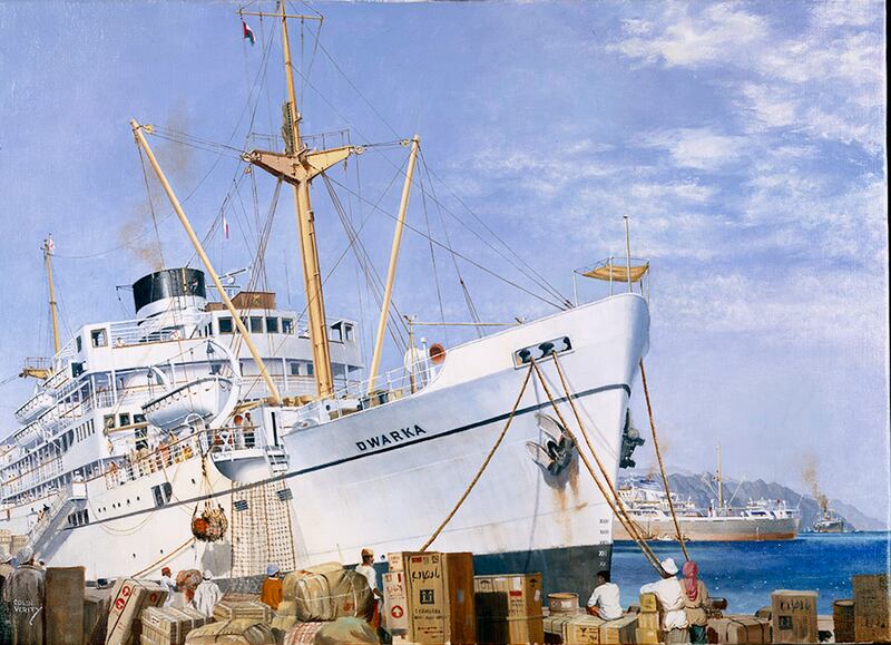 A painting of Dwarka, a passenger and cargo ship that used to operate an India/Gulf service from Bombay, calling at Karachi, Mina Qaboos, Dubai, Bahrain and Kuwait. Photo: P&O Heritage / DP World