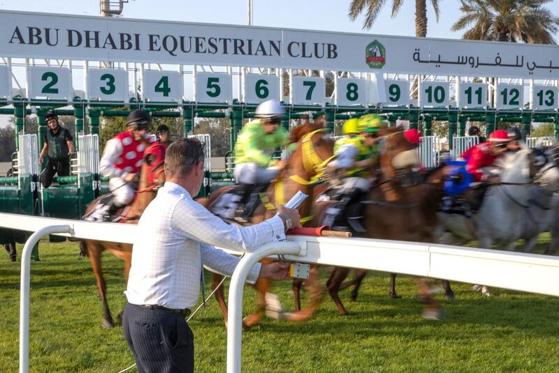 Abu Dhabi, United Arab Emirates, March 8, 2020.  14th Race Meeting, Abu Dhabi Equestrian Club.
Official Starter, Shane Ryan at the gates.
Victor Besa / The National
Section:  Sports
Reporter;  Amith Passela