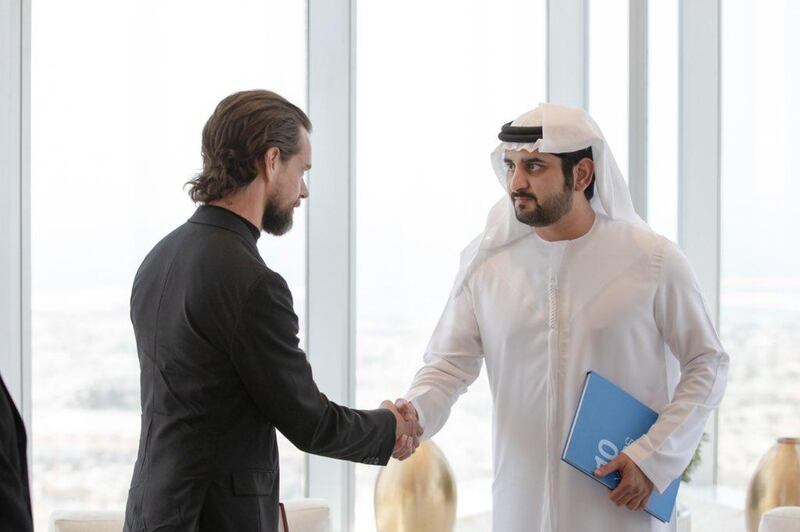 Sheikh Maktoum bin Mohammed, Deputy Ruler of Dubai, meets Jack Dorsey, chief executive of Twitter, on Monday, and opens his own account for the first time. Dubai Media Office 