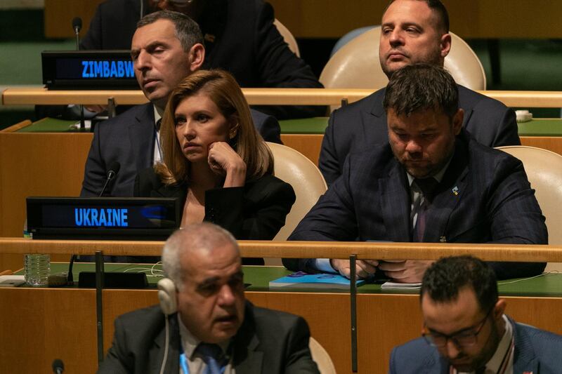 Olena Zelenska, Ukraine's first lady, left, attends the UN General Assembly meeting in New York, U.S. Donald Trump asked Ukraine President Zelenskiy to work with his personal lawyer, Rudy Giuliani, and the U.S. attorney general, William Barr, to "look into" Joe Biden, according to a memo documenting a call between the two leaders released Wednesday. Bloomberg