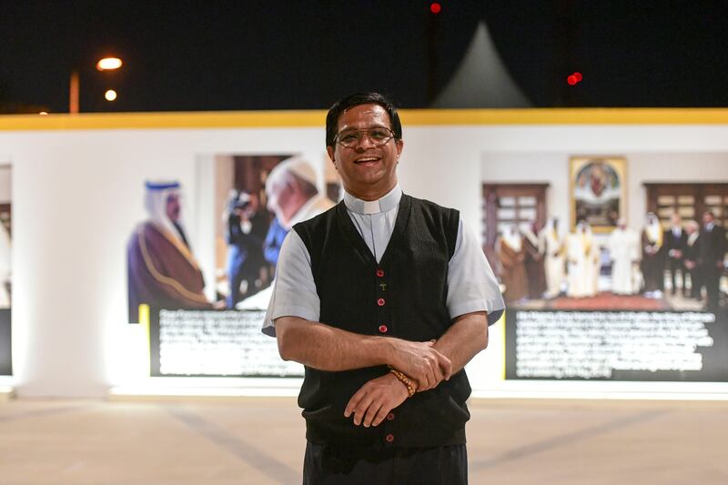 Father Nedumpurath Johnson travelled from Kuwait to hear Pope Francis speak during a Mass at the Cathedral of Our Lady of Arabia in Bahrain. Khushnum Bhandari / The National
