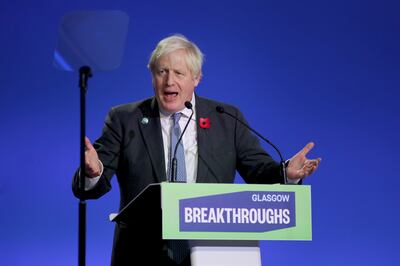 British Prime Minister Boris Johnson delivers a speech during a session at Cop26. EPA