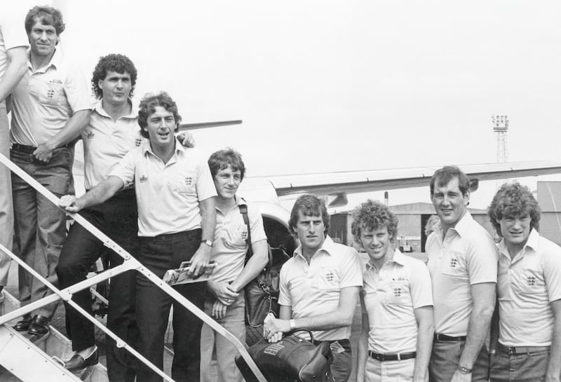 Members of the England football team at an airport, 1982. Left to right: Kenny Sansom, Steve Foster, Trevor Francis, Steve Coppell, Ray Clemence, Graham Rix, Joe Corrigan and Glen Hoddle. (Photo by Keystone/Hulton Archive/Getty Images)