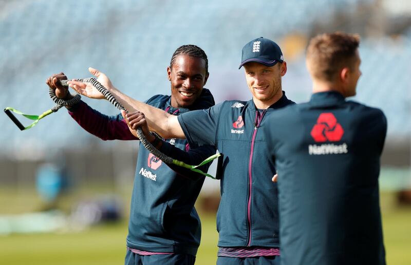 England's Jofra Archer and Jos Buttler during nets session at Headingley, Leeds, ahead of the third Ashes Test against Australia starting Thursday. Reuters