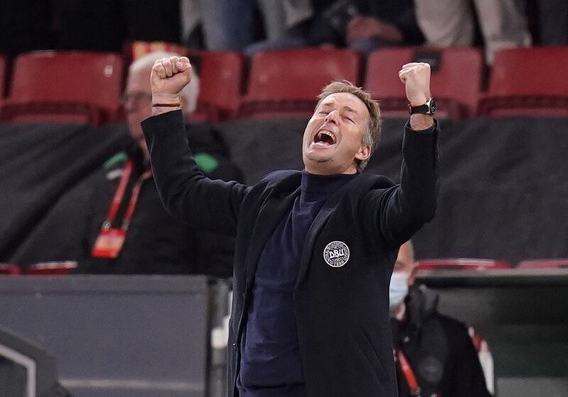 Denmark manager Kasper Hjulmand celebrates after the match. Reuters