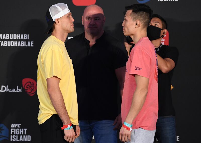 ABU DHABI, UNITED ARAB EMIRATES - OCTOBER 16: (L-R) Opponents Brian Ortega and "The Korean Zombie" Chan Sung Jung of South Korea face off during the UFC Fight Night weigh-in on October 16, 2020 on UFC Fight Island, Abu Dhabi, United Arab Emirates. (Photo by Josh Hedges/Zuffa LLC)