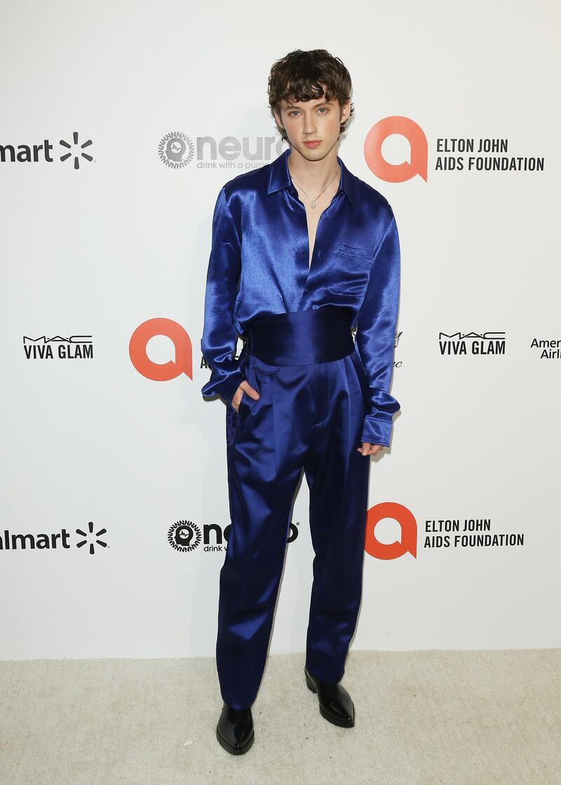 Troye Sivan arrives at the 2020 Elton John Aids Foundation Oscar Viewing Party on February 9, 2020, in California. AFP